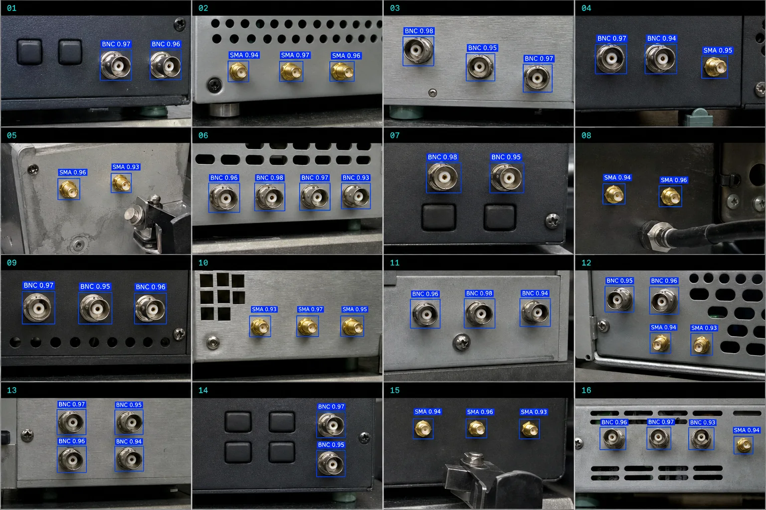 Sixteen camera views of instrument panels with every connector boxed and scored by a vision model