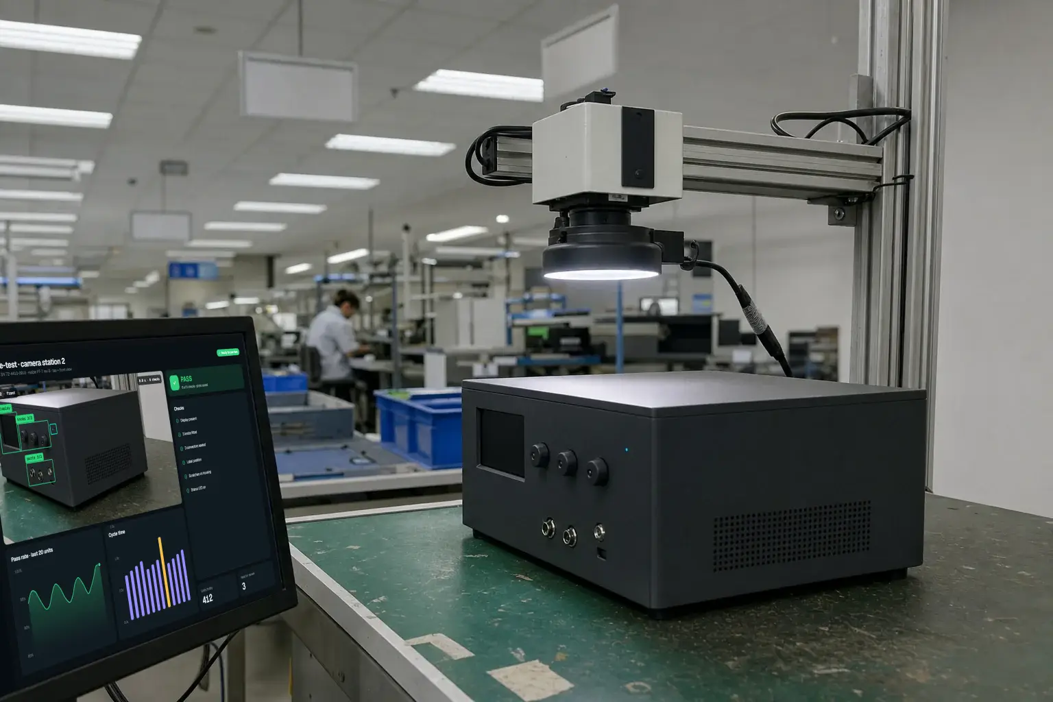 A camera with a ring light above an electronics test instrument on a pre-test bench, the live view on a monitor