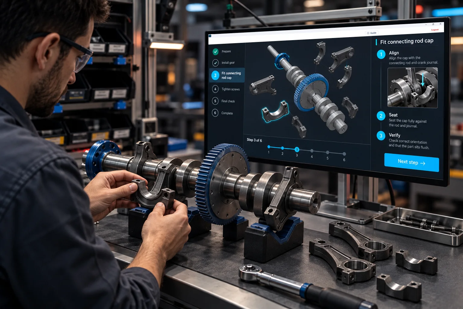 An operator fitting a connecting rod cap while the monitor beside him shows step 3 of 6