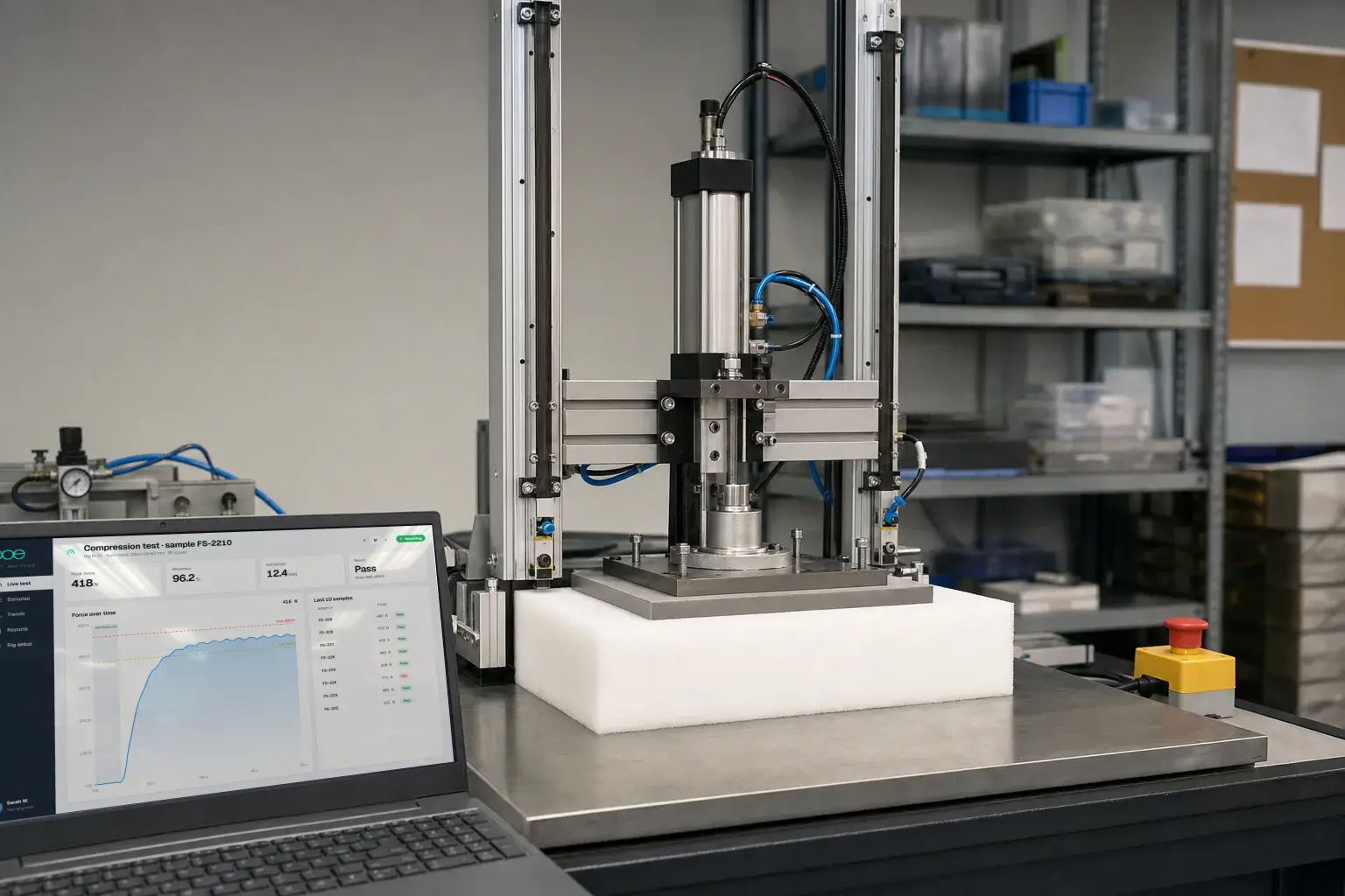 A test rig pressing a foam sample while a laptop plots force over time